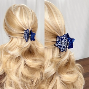 Fermaglio per capelli a fiocco di neve blu navy in acetato con strass brillanti
