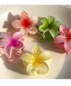 Détail des pinces à cheveux élégantes en forme de fleur de frangipanier en résine pastel
