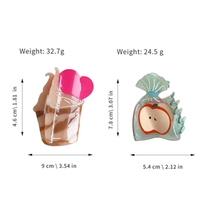 Unique acetate coffee cup and apple bag hair claws with detailed size and weight specs