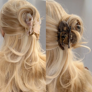 French style cat-shaped acetate hair claw clips in pearlescent pink and dark tortoiseshell