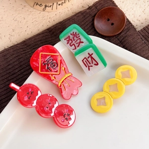Chinese New Year festive hair clips set with lucky bag, mahjong and sugar gourd shapes