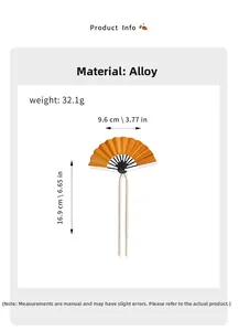 Detailed view of handmade fan-shaped hair fork with orange glaze and golden alloy frame