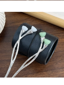 Detail of New Chinese style silver lotus hair pin with jade-like white and green buds