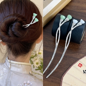 Neo-Chinese Style Lotus Bud Hair Stick Antique Alloy Hairpin Elegant Branch Texture Hair Stick For Hanfu Wedding Women