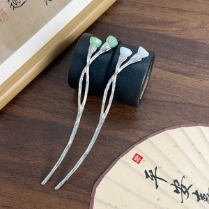 Elegant Chinese lotus-style silver hair pins with jade-like green and white heart charms