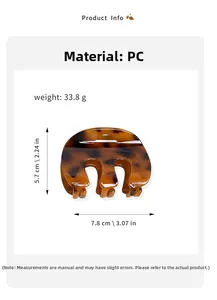 Detail view of tortoiseshell PC hair claw clip with size 7.8cm and weight 33.8g specs