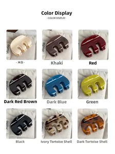 Detail showing nine colorful resin hair claws with glossy finish and wide-tooth design