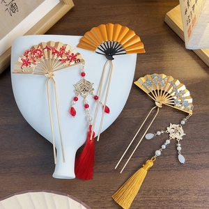 Vintage Chinese Style Fan Hair Stick Flower Tassel Hairpin Alloy Artificial Pearl Hanfu Hair Accessories For Women Jewelry