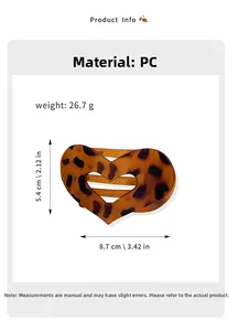 Détail de la pince à cheveux cœur léopard avec dimensions 8,7 cm et spécifications PC