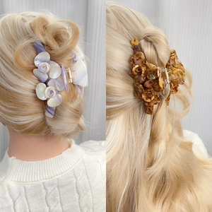 Grande pince à cheveux fleur en acétate avec perle pour cheveux épais