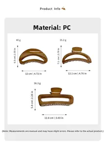 Detailed size guide for large wood texture hair claws showing dimensions and weights