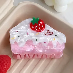 Sweet Strawberry Cake Hair Claw Clip Pink White Acetate Fiber Large Shark Clip Handmade Dessert Shape Hair Accessories For Women