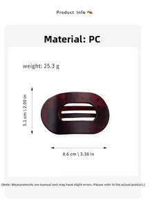 Spécifications de taille pour grande pince à cheveux ovale, longueur 8,6cm et matériau PC