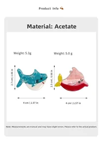 Details von Haarklammern aus Acetat in Hai- und Delfinform mit Größen- und Gewichtsangaben