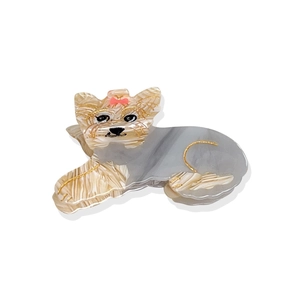 Pince à cheveux chien en acétate avec petit nœud rose et texture marbrée