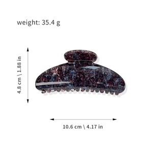 Classic PC hair claw clip with dark purple marble texture and dimensions in white background