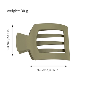 Olive green matte hollow rectangular hair claw clip with size and weight dimensions