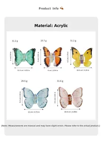 Tableau des tailles pour pinces à cheveux papillon montrant dimensions et poids en acrylique