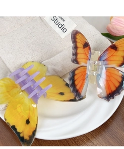 Gros plan détaillé de pinces à cheveux papillon aux motifs vifs sur une assiette en céramique