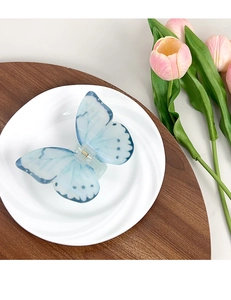 Détail de la pince à cheveux papillon bleue avec motifs d'ailes sur plat blanc
