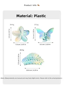 Size chart showing dimensions for floral and butterfly hair clips with weight details