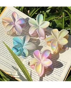 Five-piece set of gradient plumeria flower hair claws with colorful pearl finish