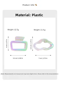 Detailed view of iridescent square and wave hair claw clips with size and weight specs