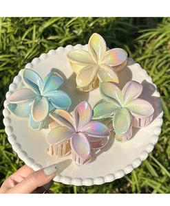 Detail showing 4pcs iridescent frangipani flower hair claws in a decorative white plate
