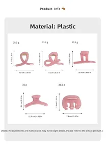 Size chart showing dimensions and weight for five types of pink jelly hair claw clips