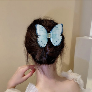 Pince à cheveux papillon bleu et blanc en acétate portée sur un chignon à la française