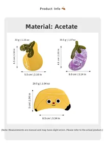 Detailed size and weight specs for pear, eggplant, and banana acetate hair claws