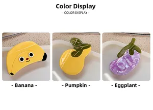 Detail view of cute banana, gourd, and eggplant acetate hair claws in fresh summer colors