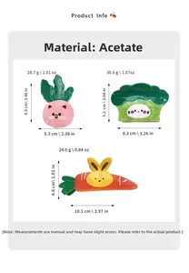 Size chart showing acetate hair clip dimensions for broccoli and carrot styles