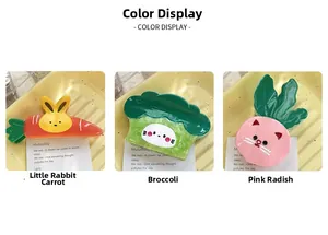 Detail view of acetate hair claws in broccoli, carrot, and pink radish cartoon shapes
