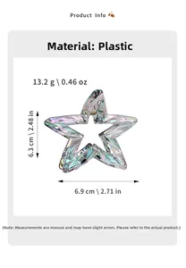 Macro shot of transparent iridescent star hair claw showing dimensions and metal spring