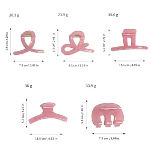 Minimalist jelly pink hair claws in various shapes with detailed size measurements