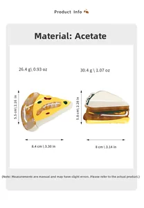 Detailed specs for pizza and sandwich acetate hair claws with weight and dimensions