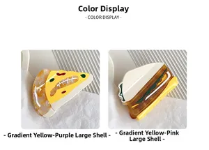 Detail showing creative pizza and burger shaped acetate hair claws with shell texture