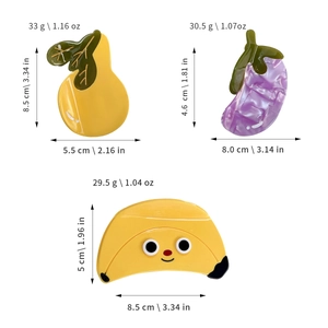 Cute acetate fruit and vegetable hair claws featuring pear, eggplant, and banana designs
