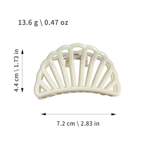 Iridescent seashell hair claw clip with pearlescent finish and cutout half-circle design