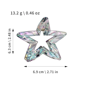 Iridescent star-shaped hair claw clip with colorful resin finish and size measurements