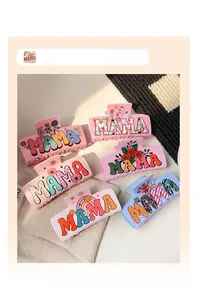 Detailed set of 6 large acrylic hair claws with MAMA lettering and floral rainbow patterns