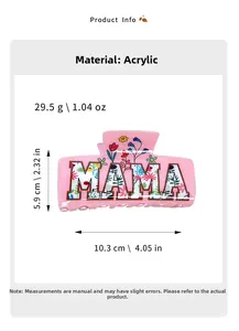 Pink large square acrylic claw clip with MAMA floral letters and size measurements