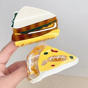 Creative food-shaped acetate hair claw clips featuring pizza and sandwich designs
