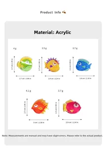 Tableau des tailles détaillé pour cinq pinces à cheveux en acrylique aux motifs de poissons