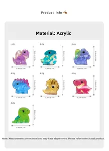Detailed product dimensions and weights for acrylic mini dinosaur hair clips in multiple colors