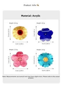Detailed view of acrylic flower hair claws with exact weight and size measurements