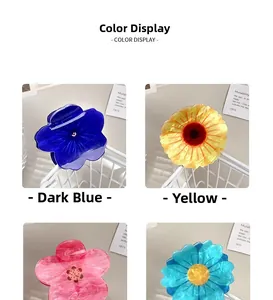 Detailed close-up of acetate flower hair claws in navy blue, yellow, pink and sky blue colors