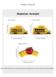 Detailed view of yellow school bus and red apple hair claws in acetate with dimensions