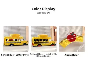 Detailed view of yellow school bus and apple hair claws with sparkling rhinestones